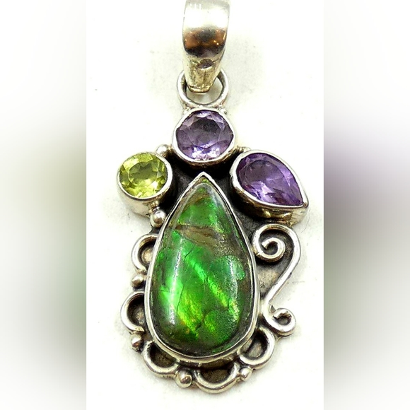 Vintage Jewelry - Green Ammolite, Peridot, & Amethyst Sterling Silver Cabochon Pendant